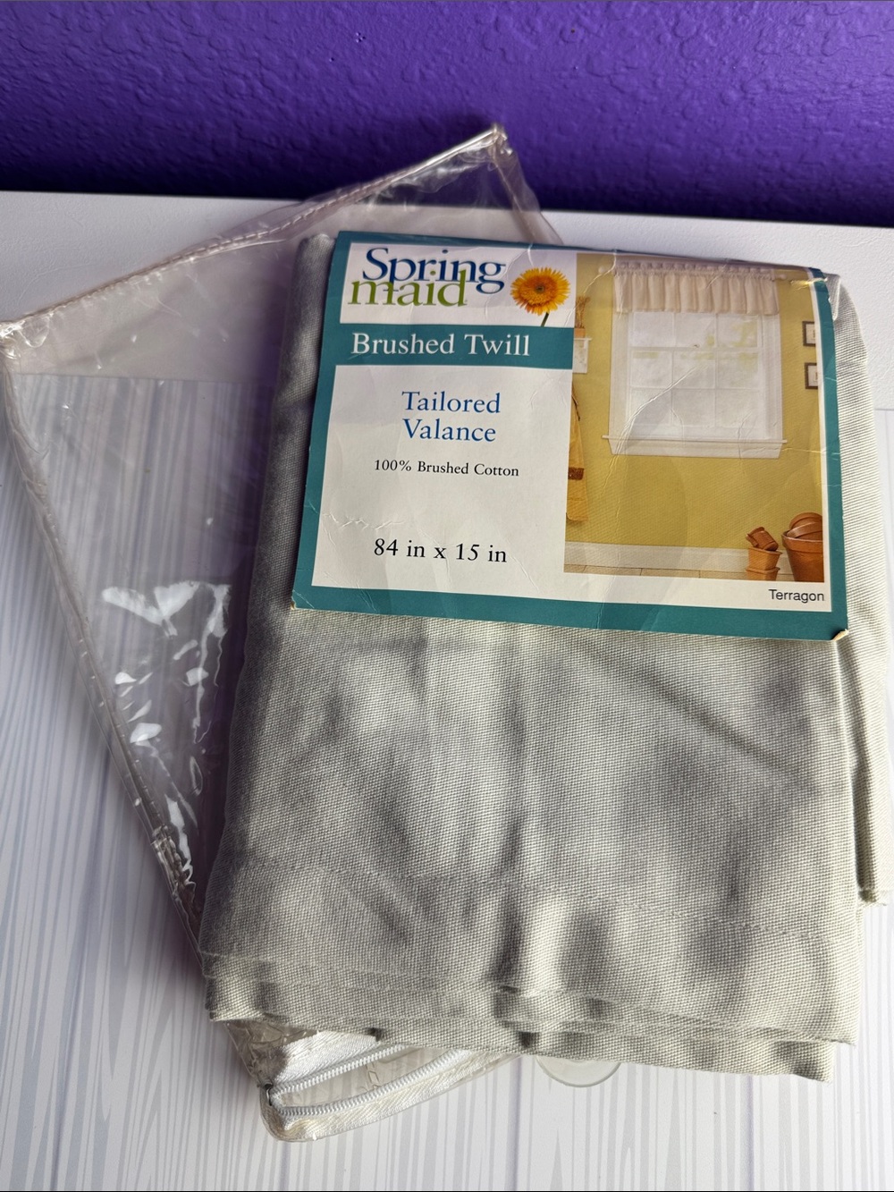 Brushed Twill Tailored Valance in Terragon Spring Maid Vintage Window Curtains